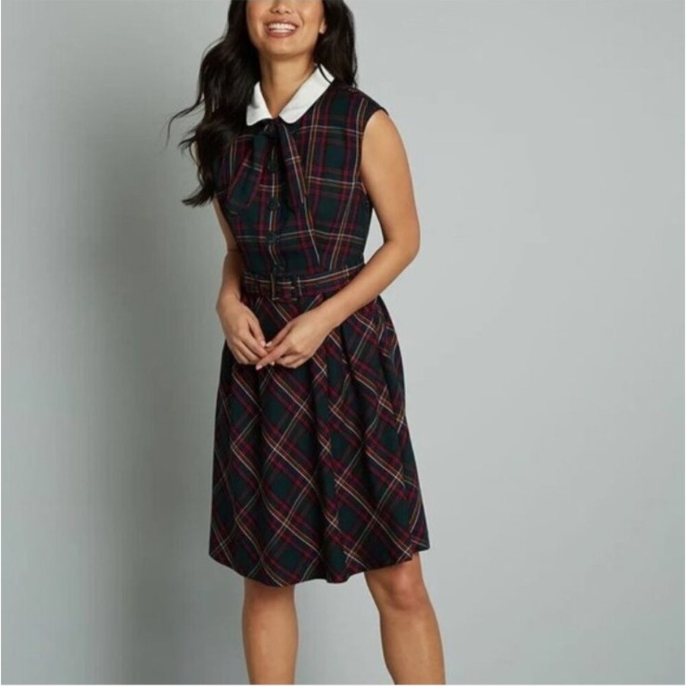 Modcloth Prep School Posh Fit & Flare Dress Size 14 Plaid Belted Neck Tie Womens